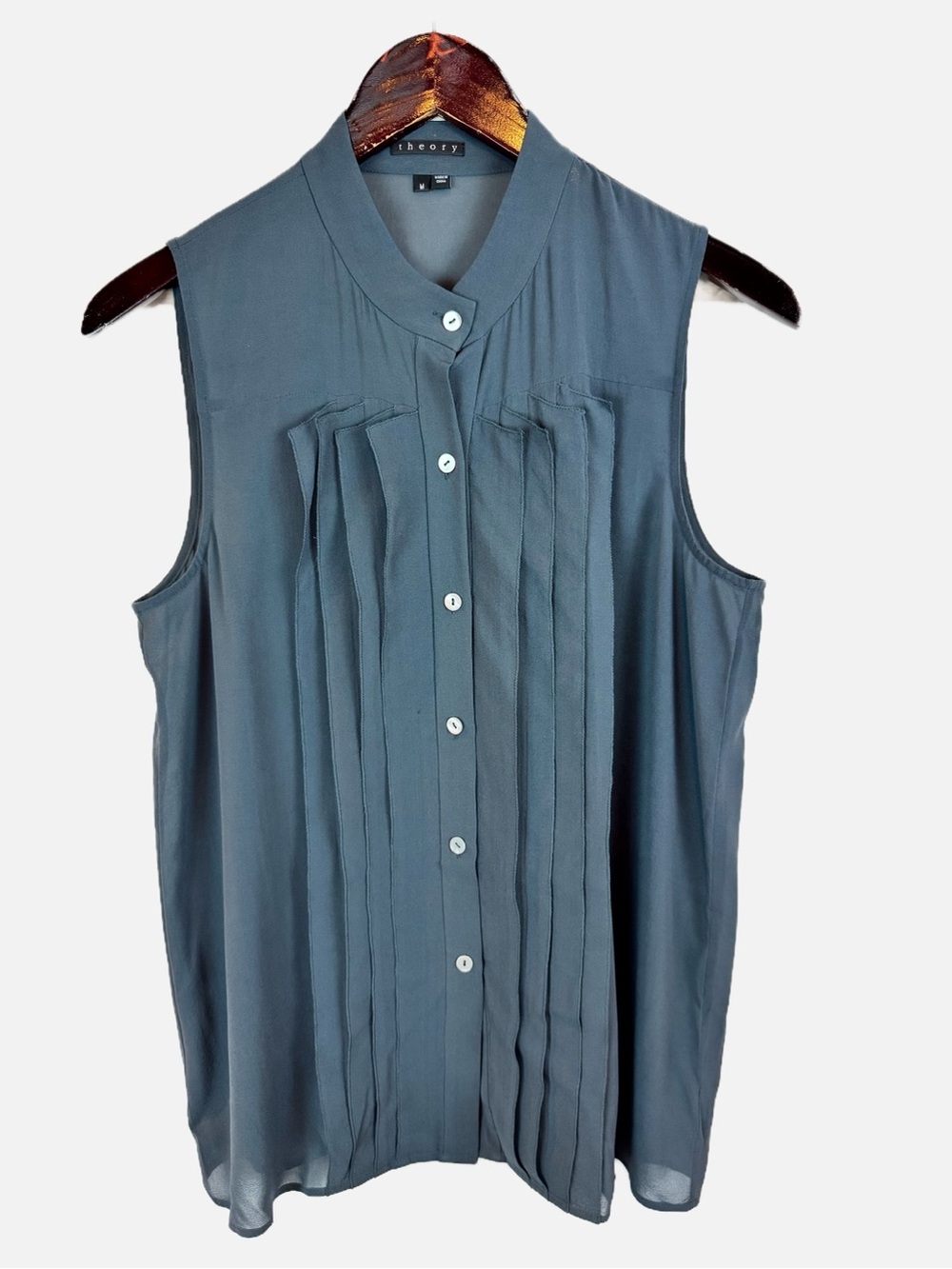 Theory | Gray Silk Sleeveless Tuxedo Blouse, M